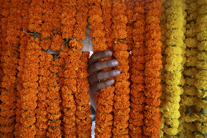 FTA: Navesh Chitrakar : A customer selects garland made of marigold flowers