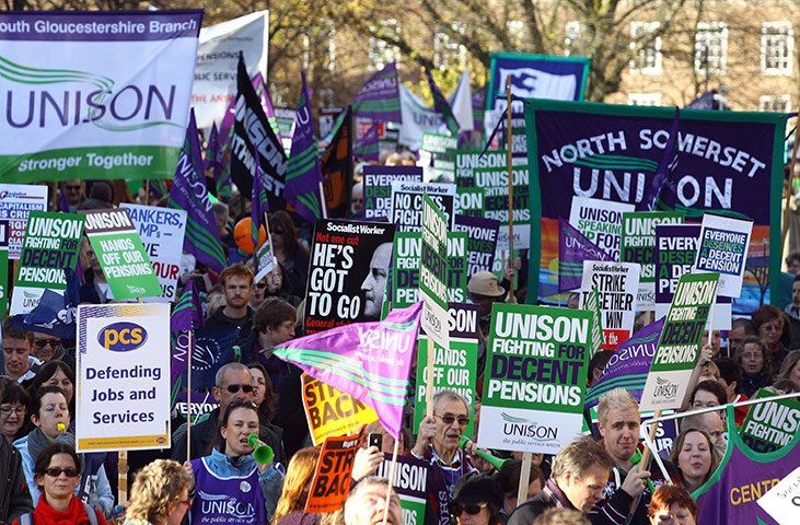 Strikers march: Demonstrators march during a rally through Bristol city centre 