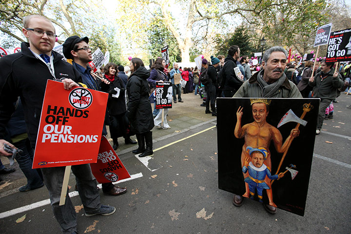 Strikers' placards: Protesters in central London