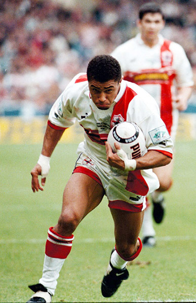 Great Britain v Australia: Great Britain's Jason Robinson scores a try against Australia in 1995