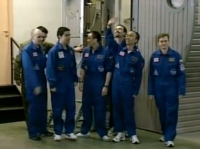 Mars500: The six members of the crew celebrate after emerging