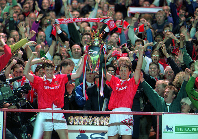 Fergie's 25 years: Steve Bruce and Bryan Robsons lift The Premier League Trophy