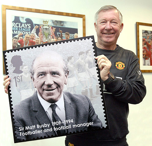 Fergie's 25 years: Fergie holds Sir Matt Busby's stamp to celebrate renowned British figures