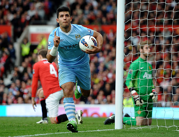 Fergie's 25 years: Manchester City's Sergio Aguero celebrates scoring against Man United
