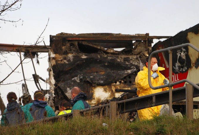 M5 crash day 2: Crash investigators at work near a burnt-out lorry
