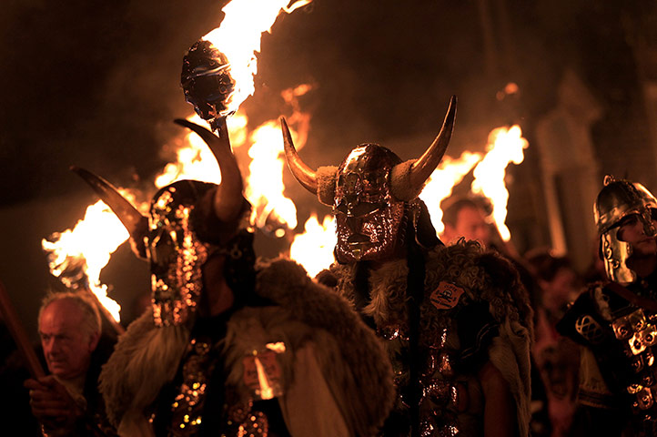 lewes bonfire: Members of the Cliffe Bonfire Society in Viking dress