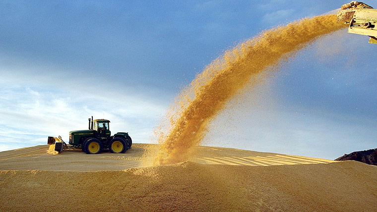 Week in business: Ground corn used to feed cattle is compacted into a silo in Kansas