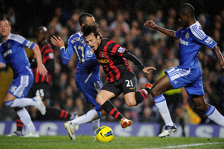 Chelsea v Man City: David Silva falls in the penalty box after a challenge from Jose Bosingwa