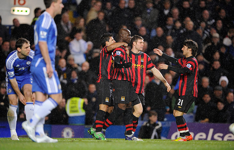 Chelsea v Man City: Mario Balotelli celebrates scoring the opening goal of the game