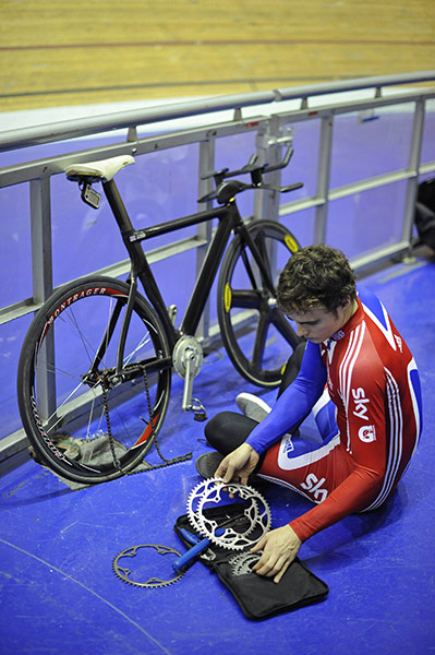 Team Pursuit Boot Camp: Track cycling team member Steven Burke changing his own chainring