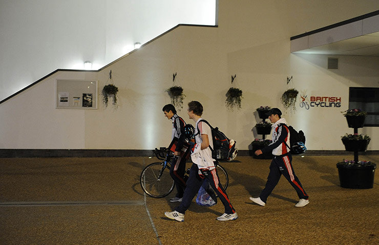Team Pursuit Boot Camp: Swift, Harrison and Kennaugh leave the velodrome in the evening