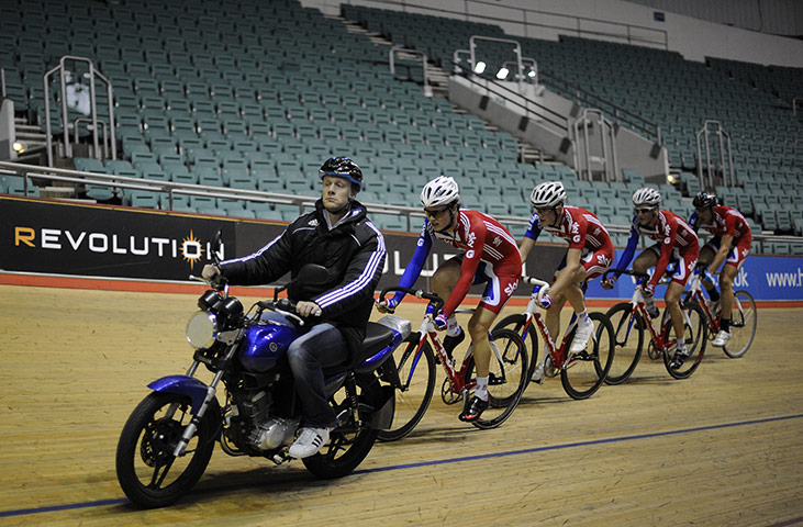 Team Pursuit Boot Camp: Endurance head coach Dan Hunt pacing the team on a motorbike