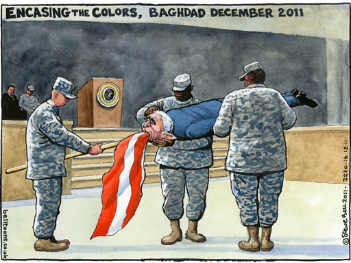 ENCASING THE COLORS, BAGHDAD DECEMBER 2011 - Steve Bell Cartoon