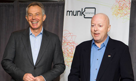 Christopher Hitchens poses with former prime minister Tony Blair