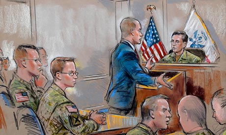 Bradley Manning, second from left, sits as his attorney speaks during a military hearing