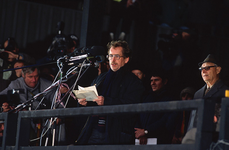 Vaclav Havel: 1989: Vaclav Havel speaks to a crowd during the Velvet Revolution in Prague