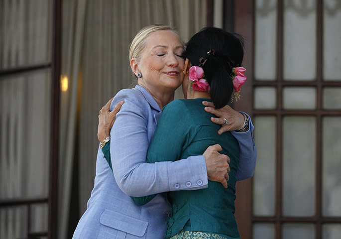 Hillary Clinton Burma: Hillary Clinton hugs Aung San Suu Kyi as they meet in Rangoon
