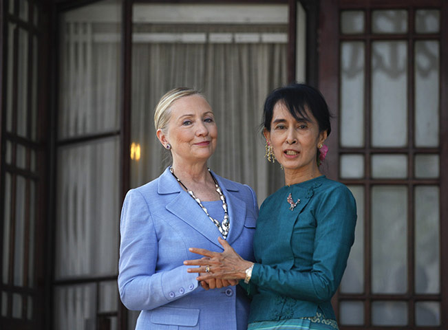 Hillary Clinton Burma: Hillary Clinton is greeted by Aung San Suu Kyi at her home in Rangoon