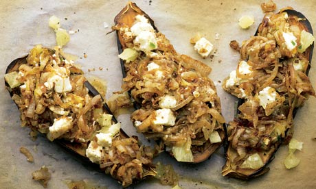 Roasted aubergine with fried onion and chopped lemon recipe, plus