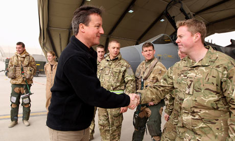 David Cameron speaks to RAF servicemen on a visit to Kandahar airfield in Afghanistan