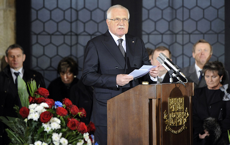 Vaclav Havel funeral: Czech President Vaclav Klaus speaks during Vaclav Havel service