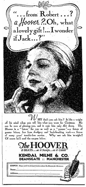 Christmas adverts: Kendals advert for Hoover from 1933 Guardian
