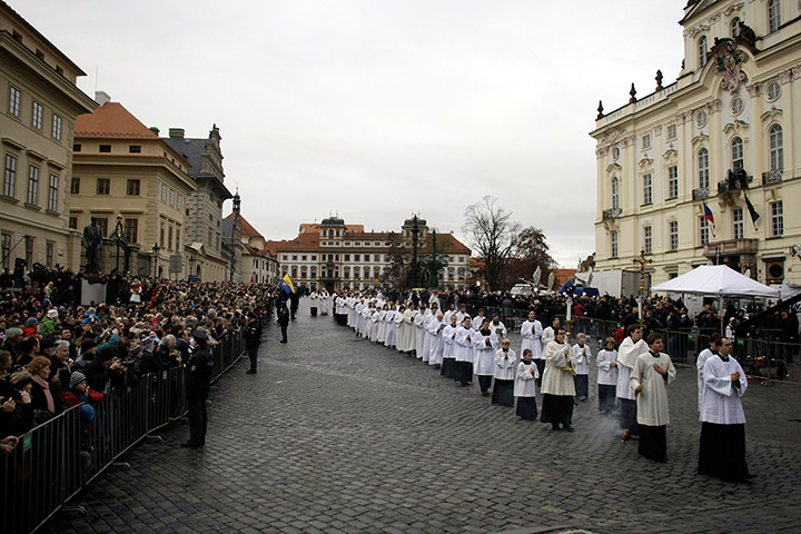 vaclav havel funeral: Catholic priests walk in a procession