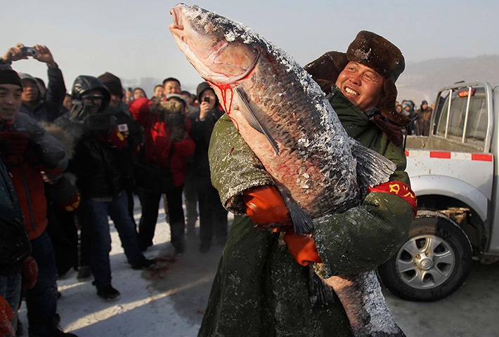 24 hours in pictures: A fisherman carries the biggest fish caught during a fishing event, China