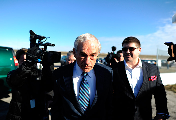 Iowa campaigning: Ron Paul arrives for a town hall meeting at the Iowa Speedway, Newton, Iowa