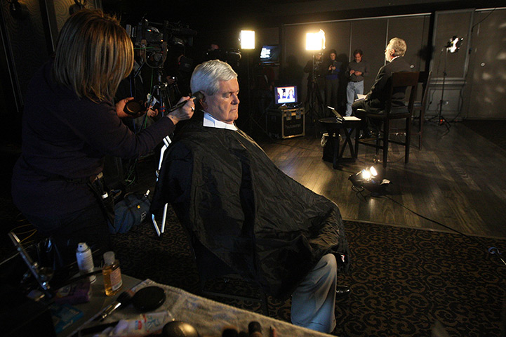 Iowa campaigning: Newt Gingrich prepares for an interview on CNN's The Situation Room