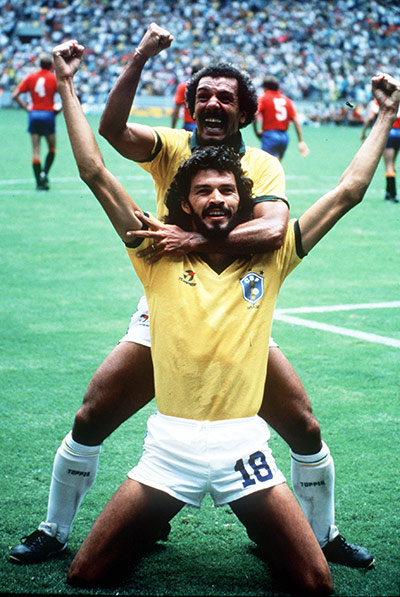 Socrates  : Socrates celebrates after scoring against Spain with Junior 1986 world cup