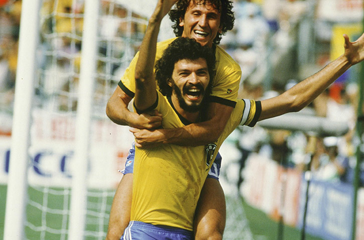 Socrates  : Socrates and Zico celebrate in the 1982 world cup match against italy