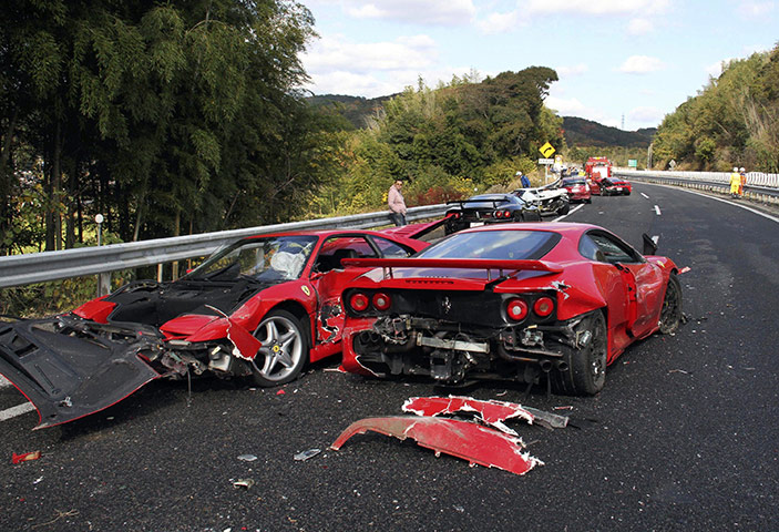 Japan car pile-up: The damaged Ferrari sports cars