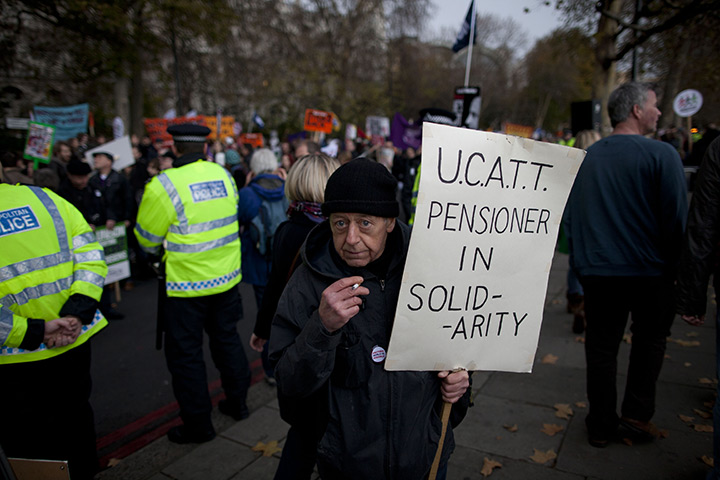 from the agencies: A pensioner takes part in  the national public sector pension strike