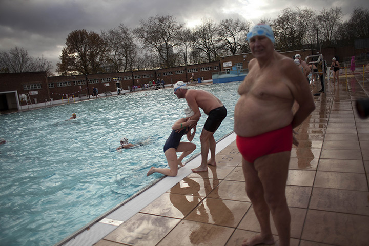 from the agencies: annual outdoor December Dip swim at Parliament Hill Lido on Hampstead Heath