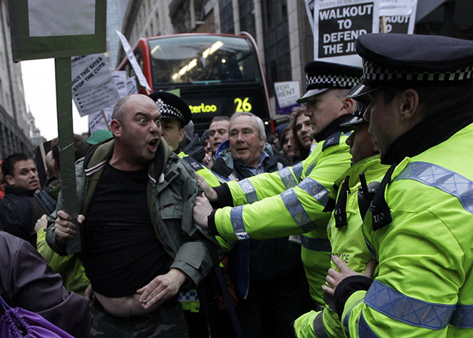 from the agencies: A demonstrator taking part in an electricians' protest 