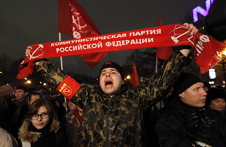 Russia protests: A member of Russia's Communist party shouts slogans at a rally in Moscow