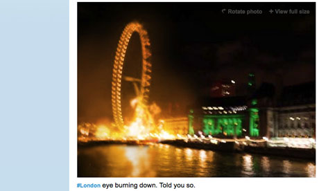 A fake photograph appearing to show the London Eye burning down circulated on Twitter during riots