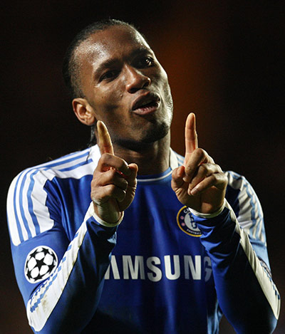 wednesday Champ League: Didier Drogba celebrates after scoring his second goal against Valencia