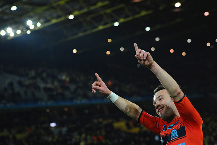 wednesday Champ League: Marseilles' Mathieu Valbuena celebrates scoring against Borussia Dortmund