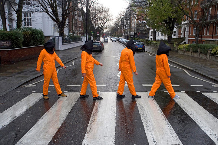 Stop The War: Guantanamo demonstrators Abbey Road zebra pedestrian crossing
