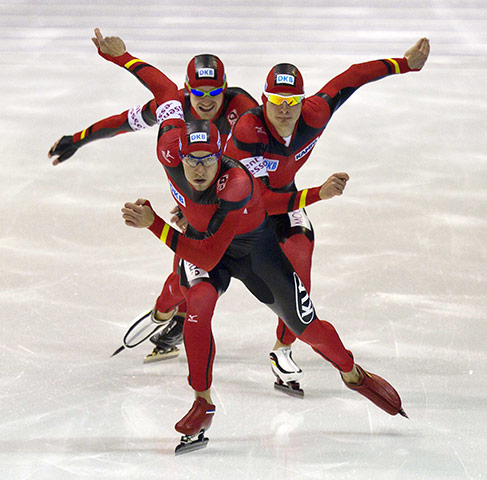 The week in sport: Team Germany skates during the men's speed skating team pursuit