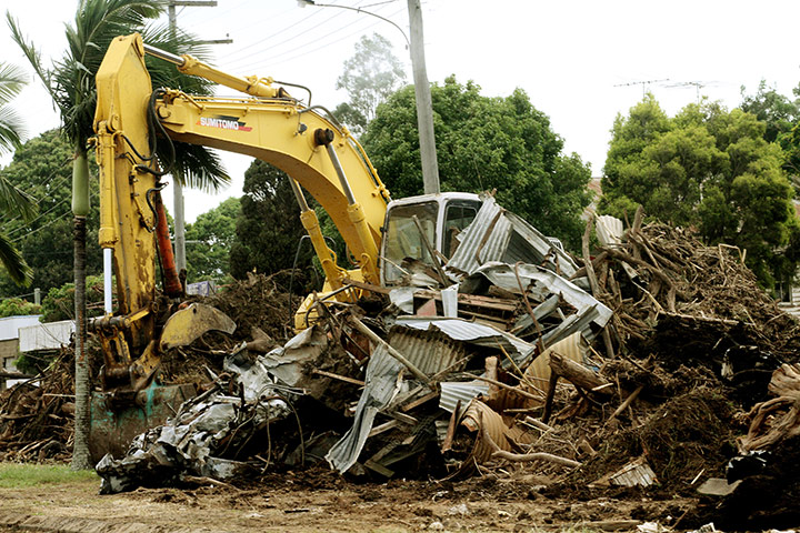 Grantham Flood Damage: A crane buried with flood debris