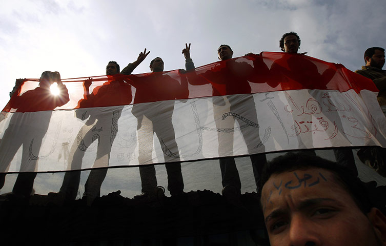 Egypt protests: Anti-government protesters wave an Egyptian flag in Tahrir Square