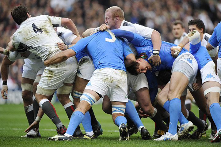 England v Italy: The England pack drive forward led by Louis Deacon and Dan Cole 