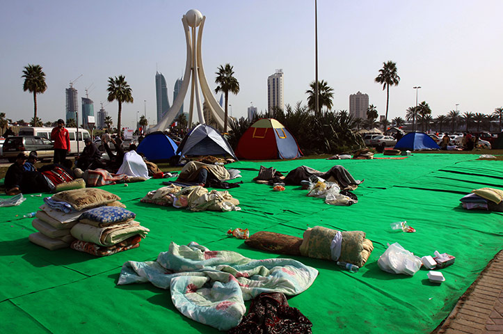 Protests spread: Manama, Bahrain: Anti-government protesters camp out at Pearl roundabout