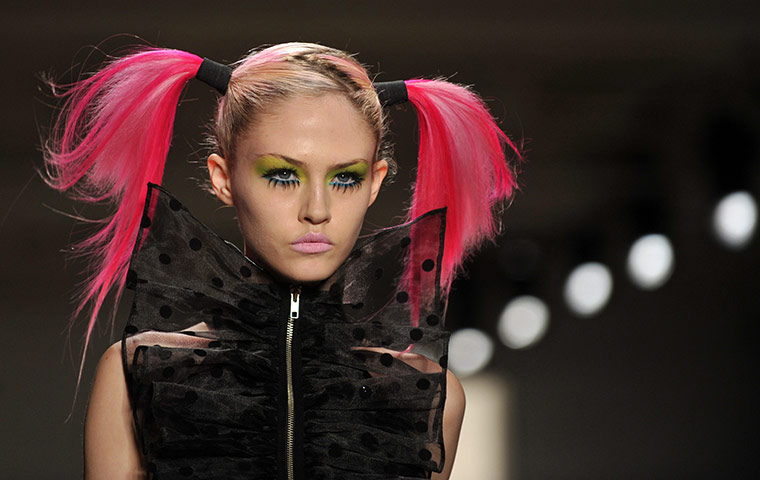 New York Fashion 160211: A model presents a creation by US designer Jeremy Scott