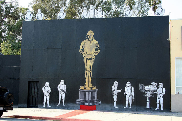 Banksy in LA: Banksy Oscar stormtroopers at Mr Brainwash Studio, Los Angeles, California 