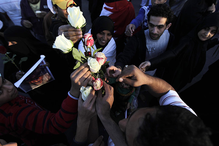 Arab protests: Manama, Bahrain: Bahraini anti-government protesters distribute roses