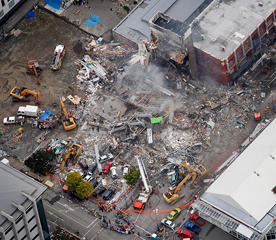 New Zealand aftermath: An aerial view of emergency services people working, Christchurch